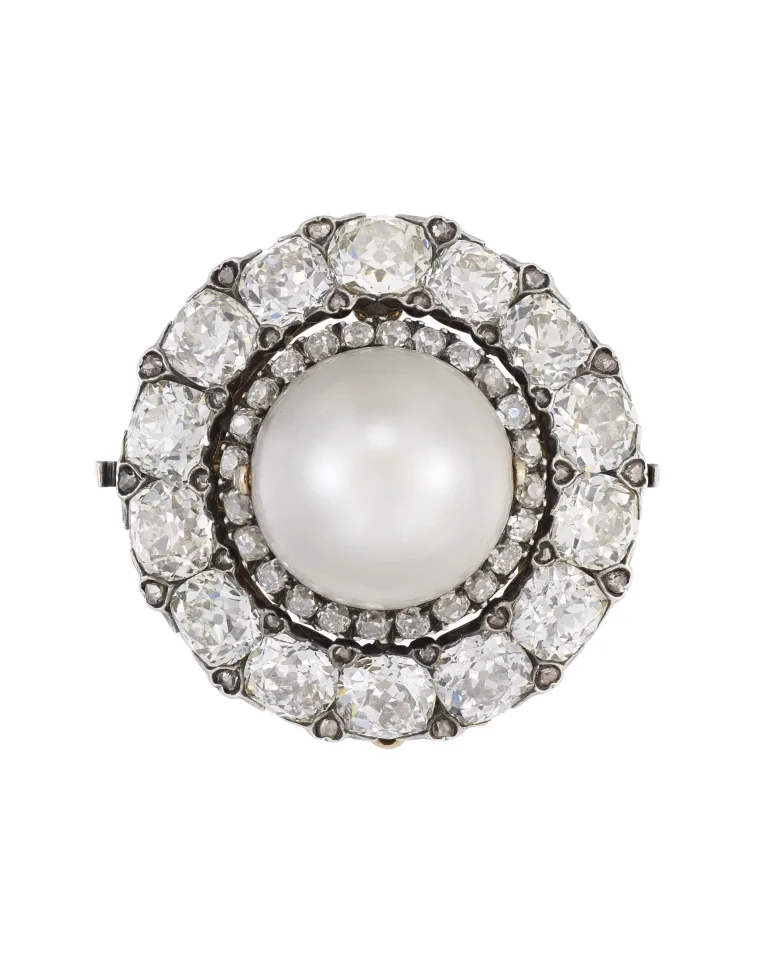 Late 19th Century Natural Pearl and Diamond Pendant Brooch Button-shaped Natural Pearl Measuring Approximately 16.5 X 13