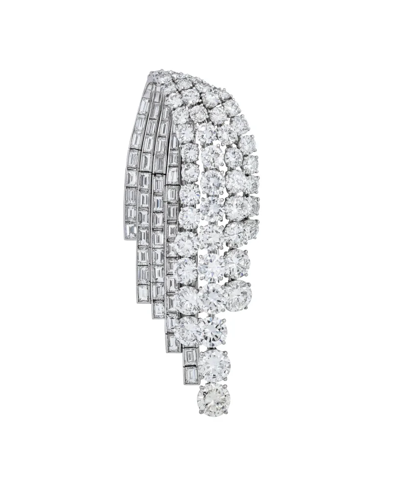 Mid-20th Century Diamond Brooch Round and Baguette-cut Diamonds, Platinum and 18K White Gold