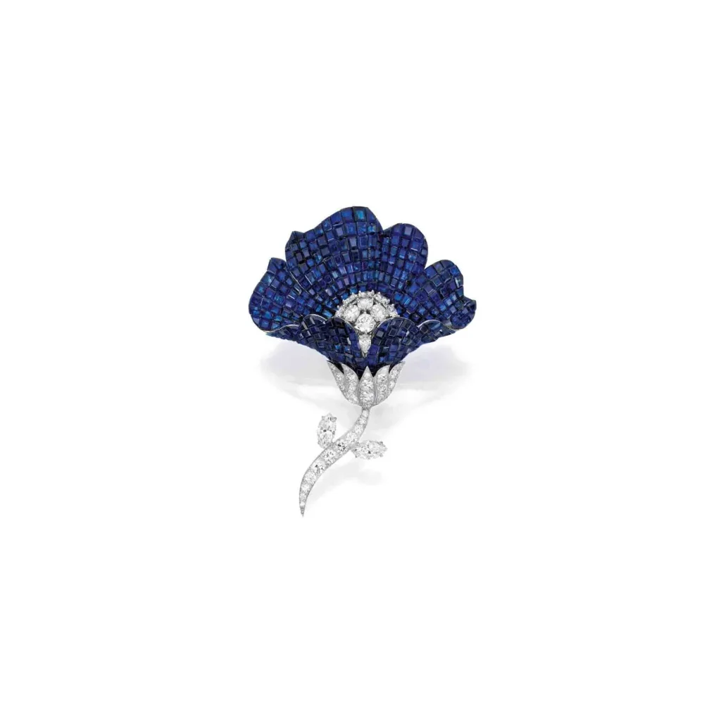 Mystery-set Sapphire and Diamond Brooch | Designed As a Flower with Mystery-set Calibré-cut Sapphire Petals, the Stem a
