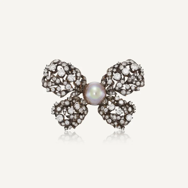 Natural Pearl and Diamond Bow Brooch