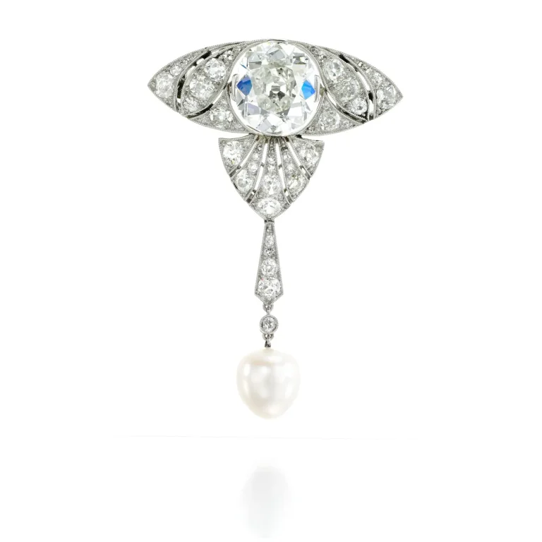 Natural Pearl and Diamond Brooch