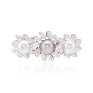 Natural Pearl and Diamond Brooch, Set with a Grey Button-shaped Pearl Weighing 7.76 Carats and Two White Oval Pearls Wei