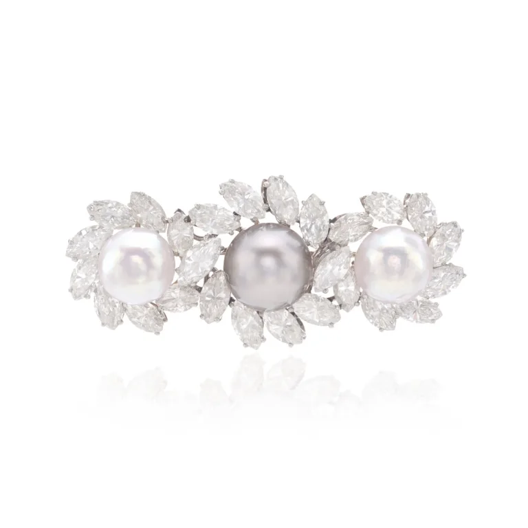 Natural Pearl and Diamond Brooch, Set with a Grey Button-shaped Pearl Weighing 7.76 Carats and Two White Oval Pearls Wei