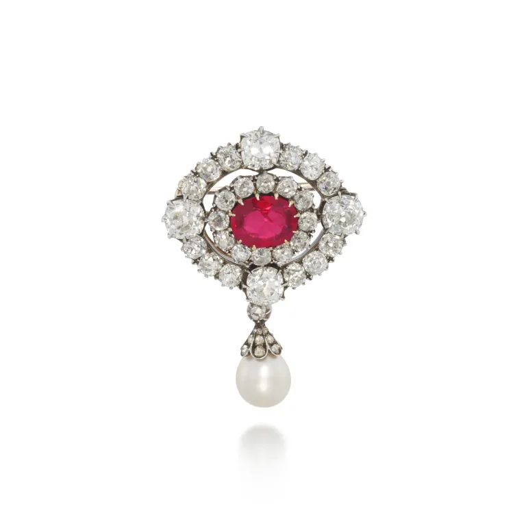 Natural Pearl, Ruby and Diamond Brooch | Detachable Drop-shaped Natural Pearl Pendant Weighing 4.67 Carats, Oval Ruby We
