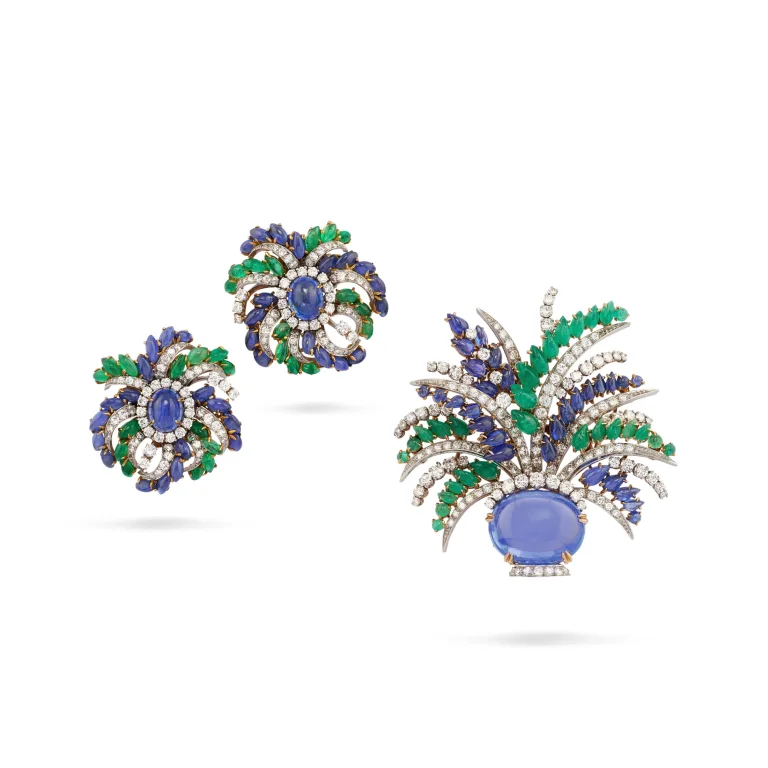 Oval, Pear, Marquise-shaped and Round Cabochon Sapphires and Emeralds, Round Diamonds, 18K Yellow Gold and Platinum