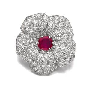 Ruby and Diamond Brooch | Designed As a Flower, Set with a Cushion-shaped Ruby Weighing 1.41 Carats and Circular-cut Dia