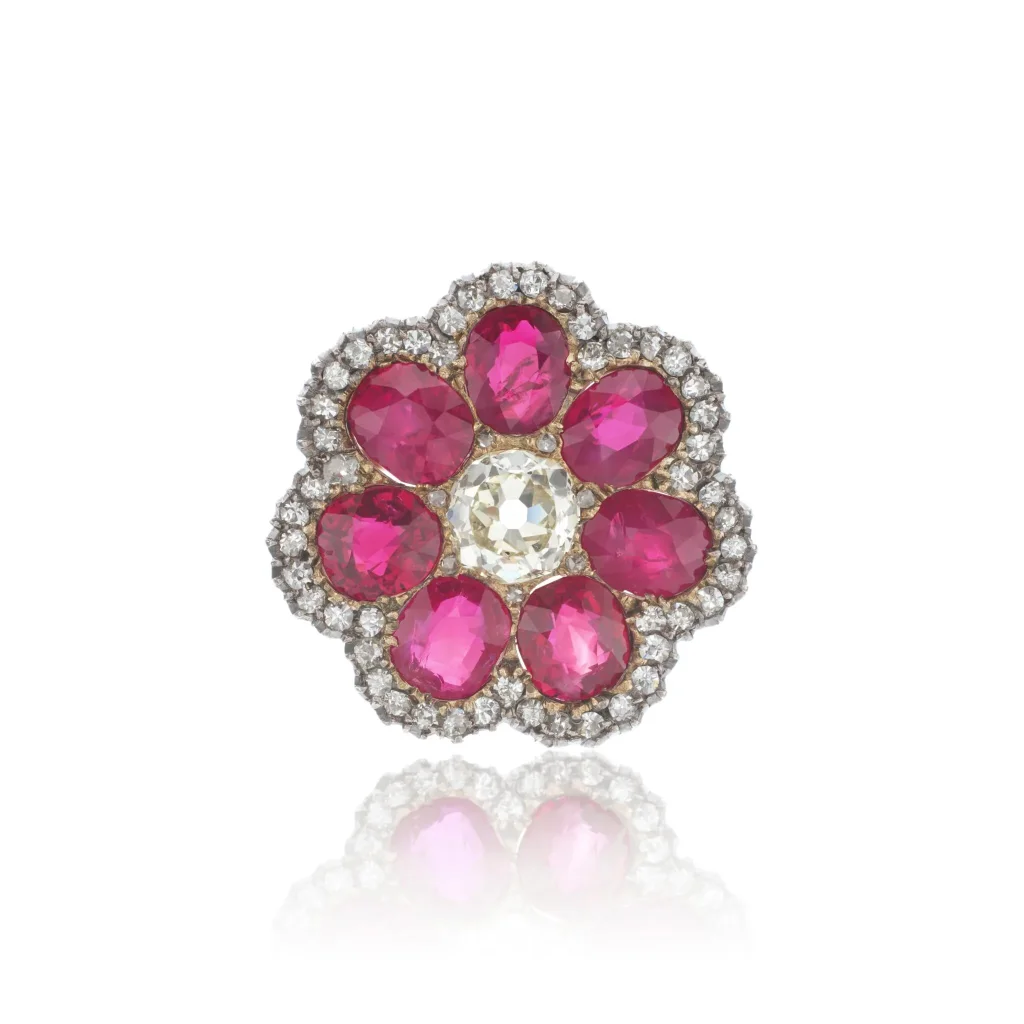 Ruby and Diamond Brooch, | Designed As a Flowerhead Composed of Oval and Cushion-shaped Ruby Petals and an Old Cushion-s