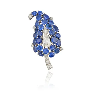 Sapphire and Diamond Clip-brooch of Paisley Design, Featuring a an Antique Pear-shaped Diamond, Framed by Round and Oval