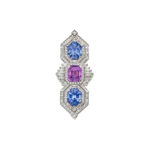Sapphire, Pink Sapphire and Diamond Clip-brooch | of Geometric Design, Centering an Emerald-cut Pink Sapphire, Set Betwe