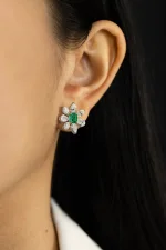 1.17 Carats Radiant Cut Emerald with Mix Cut Diamond Floral Stud Earrings in Two-tone Gold