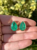 13.15Tcw Large Teardrop Emerald Bezel Earrings 18K
