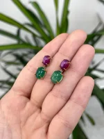 13.82Tcw 18K Natural Emerald Cabochon & 6-Ray Star Ruby Dangle Earrings