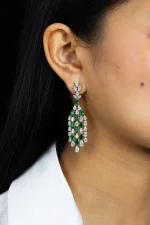 14.84 Carats Total Mixed Cut Emerald and Diamond Chandelier Earrings in White Gold