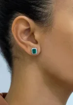2.41 Carats Emerald Cut Colombian Muzo Emerald with Diamond Halo Stud Earrings in Platinum Ref. GEM-0040