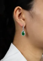 3.37 Carats Total Pear Shape Green Emerald and Diamond Halo Dangle Earrings in White Gold