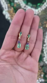 3.66Tcw 14K Natural Spring Green Emerald Tanzanite Diamond & Opal Trillion Cut Tanzanite Dangle Earrings