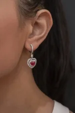 3.67 Carats Total Heart Shaped Ruby and Diamond Halo Dangle Earrings in White Gold