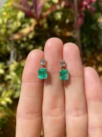 3.79Tcw Elongated Emerald & Diamond Natural Transparent Dangle Earrings 18K