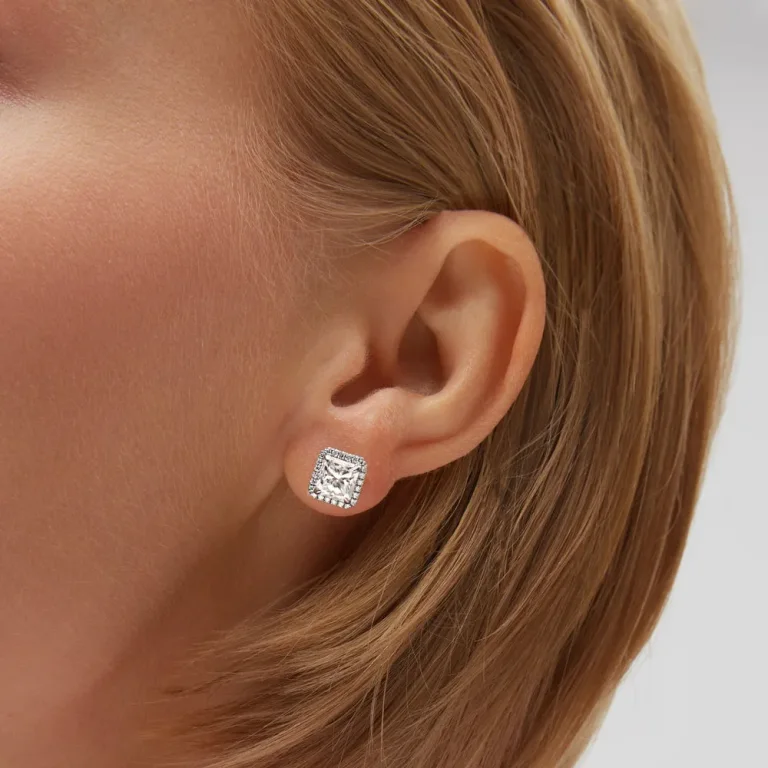 3 CTW Radiant Cut Diamond Stud Earrings in Platinum with Pavé
