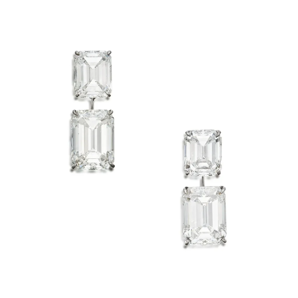 30 Carats an Important Pair of Diamond Pendant-earclips| Suspending Detachable Emerald-cut Diamonds Weighing 9.85 and 9