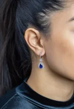 4.18 Carat Blue Sapphire and Diamond Double Halo Dangle Earrings in White Gold