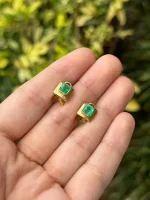 4.30Tcw 14K 585 Gold Natural Lush Dark Green Oval Cut Emerald & Diamond Accent Huggie Dangle Earrings