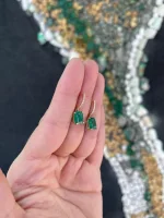 4.40Tcw 14K 585 Gold Lush Green Emerald & Diamond Accent Knife Edge Huggie Dangle Earrings