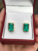 4.86Tcw Classic Bezel Set High Quality Emerald Cut Colombian Emerald Stud Earrings 14K