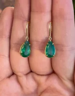 5.0Tcw 18K Natural Lush Dark Green Teardrop Emerald Dangles Hook Earrings
