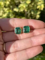 5.60Tcw Classic Asscher Cut Emerald Bezel Stud Earrings 18K