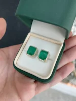 8.40Tcw 14K Gold Lush Dark Green Natural Emerald & Round Diamond Halo Stud Earrings