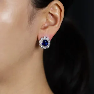 Certified 6.05 Carats Oval Cut Blue Sapphire and Diamond Halo Clip-on Earrings in White Gold