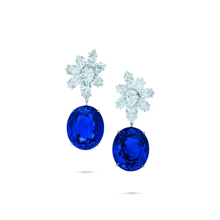 Diamond Earrings, with Associated Sapphire Pendants Marquise and Pear-shaped Diamonds, 18K White Gold and Platinum, Make