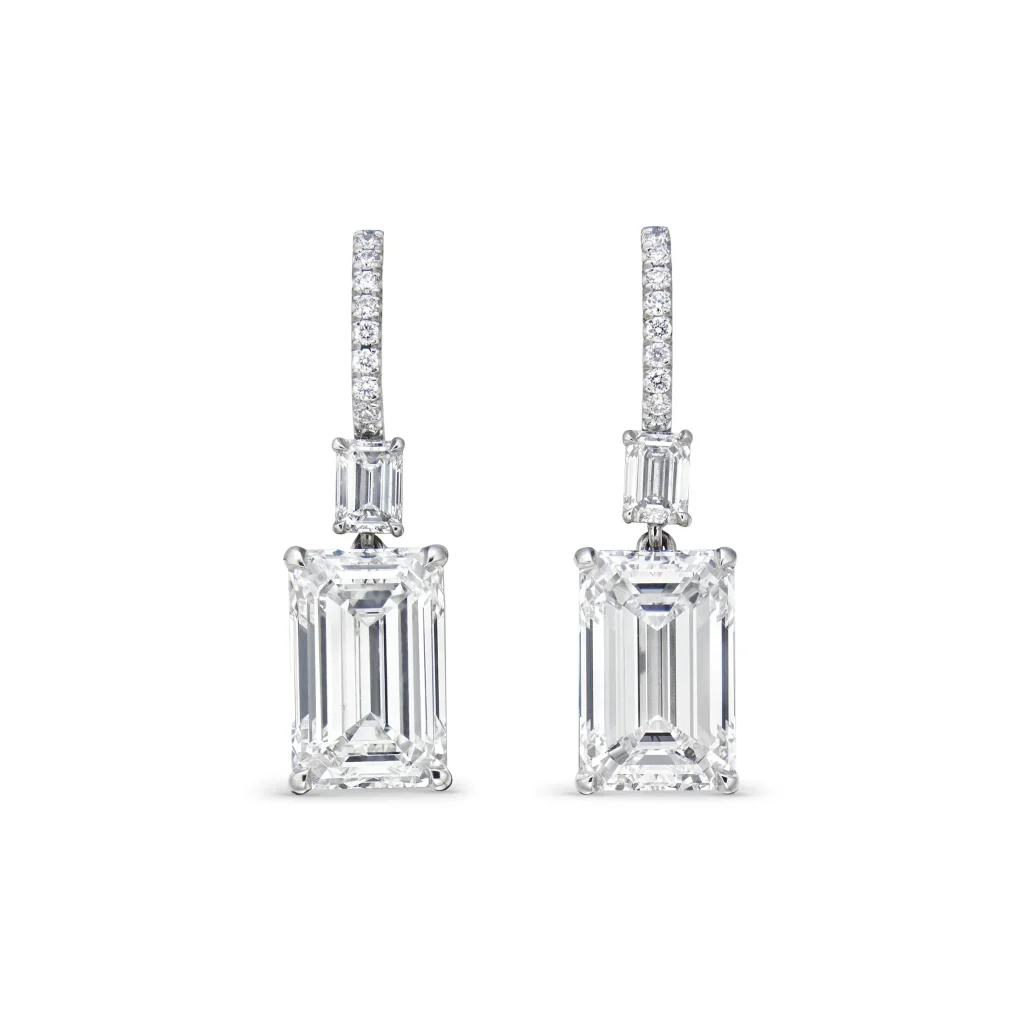 Emerald-cut Diamonds of 7 & 7 Carats, Round and Octagonal Step-cut Diamonds Earrings D VVS