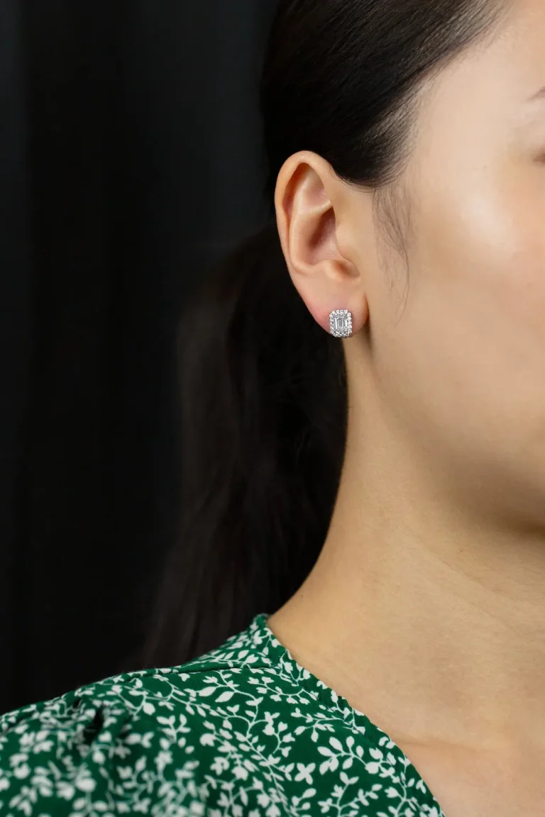 1.41 Carats Total Emerald Cut Diamond Halo Stud Earrings in Platinum
