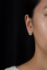 2.04 Carats Total Cushion Cut Yellow Diamond Double Halo Earrings in Two-tone Gold