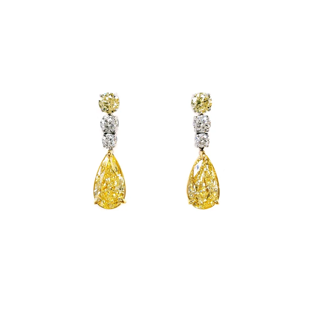 Gold, White Gold, 9.08Ctw Pear Shape Fancy Light Yellow Diamond, Yellow Diamond and Diamond Drop Earrings