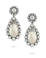 Natural Pearl and Diamond Earrings Drop-shaped Natural Pearls Measuring Approximately From 11.20 - 13.35 X 20.10 and 10