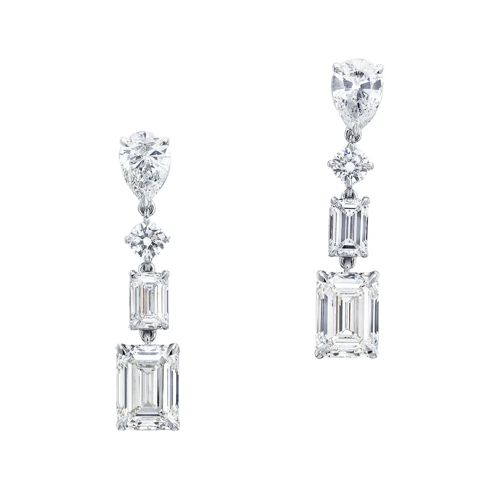 Diamond Earrings, Emerald-cut Diamonds of 2.04 and 2.01 Carats, Round and Pear-shaped Diamonds, Platinum 4 2.01, 0.50, 5.05 Carats Round Brilliant