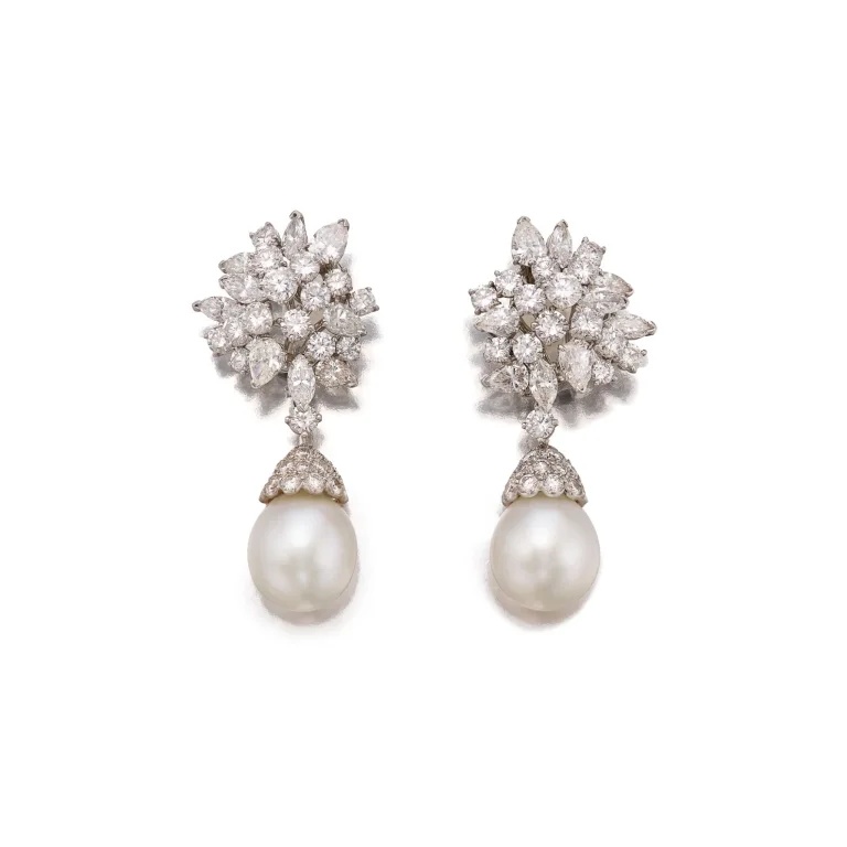 Pair of Cultured Pearl and Diamond Pendant-earclips Suspending Two Detachable Cultured Pearls Measuring Approximately 14
