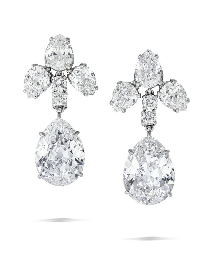 Pair of Diamond Earrings Pear Brilliant-cut Diamonds of 6.13 and 5.35 Carats, Pear-shaped and Round Diamonds, Platinum