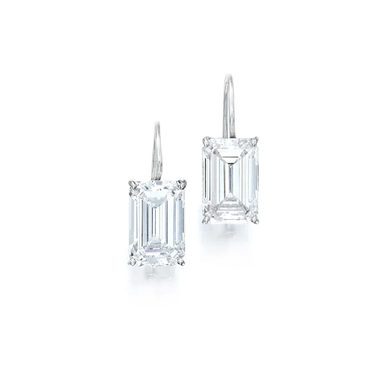Pair of Diamond Earrings Set with Two Emerald-cut Diamonds Weighing 5.02 and 5.00 Carats