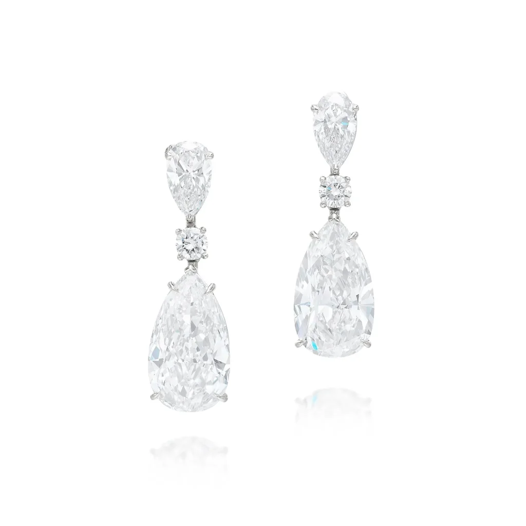 Pair of Diamond Pendent Earrings 5.07及5.02 Each Set with a Pear-shaped Diamond Weighing 5.07 and 5.02 Carats, Spaced by in Platinum Ref. HJ-0503