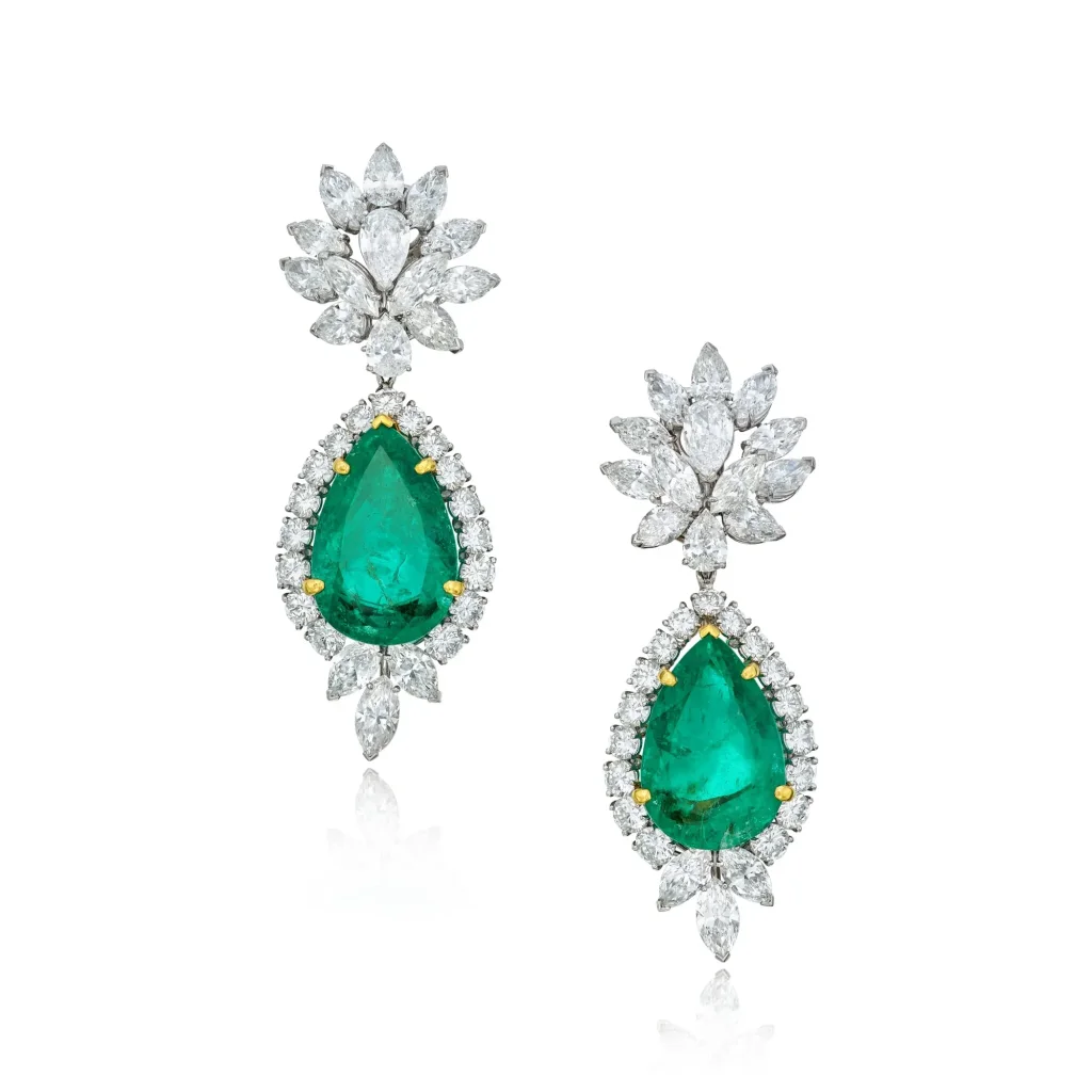 Pair of Emerald and Diamond Pendant-earclips| the Surmounts Designed As Clusters of Pear- and Marquise-shaped Diamonds