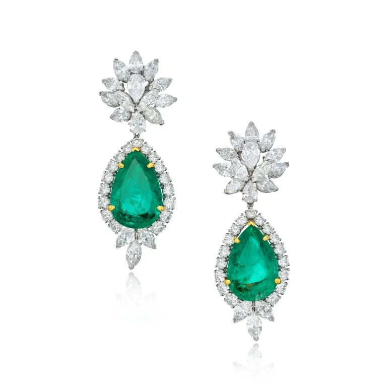 Pair of Emerald and Diamond Pendant-earclips| the Surmounts Designed As Clusters of Pear- and Marquise-shaped Diamonds