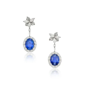 Pair of Sapphire Earrings | Suspending Two Oval-shaped Sapphires, Framed by Oval-shaped Diamonds, Surmounted by Round an