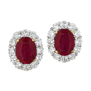 Ruby and Diamond Earrings Oval-shaped Rubies of 4.50 and 4.13 Carats, Round Diamonds, White and Yellow Gold
