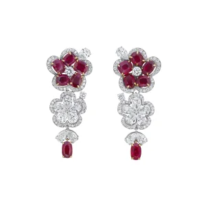 Ruby and Diamond Earrings Twelve Antique Cushion Brilliant-cut Rubies, Round and Pear-shaped Diamonds, Gold