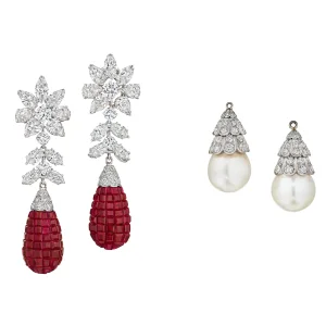 Ruby and Diamond Interchangeable 'mystery-set' Pendant Earrings Calibré-cut Rubies, Marquise, Pear, Round and Single-cu