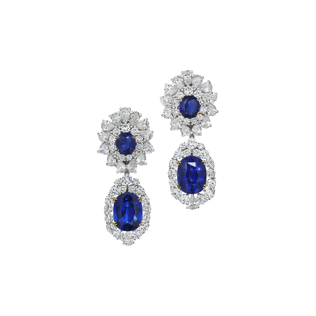 Sapphire and Diamond Earrings Cushion Modified Mixed-cut Sapphires of 11.62 and 10.86 Carats, Oval Modified Mixed-cut Sa